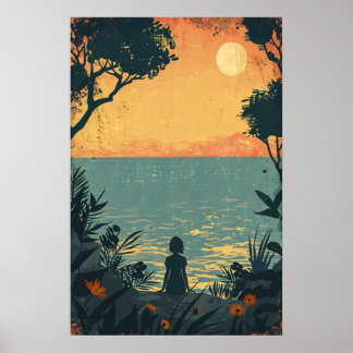 Poster de la vintage fille Silhouette Under the Mo