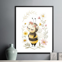 Poster de l'abeille mignonne et des fleurs