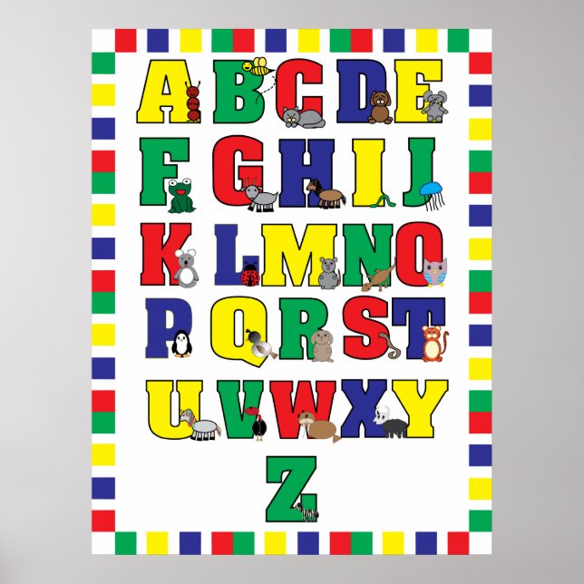 Poster de l'alphabet animal (couleurs primaires) I (Devant)