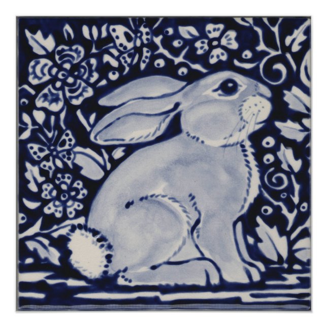 Poster de lapin bleu et blanc Chine Dedham Tile Ar (Devant)