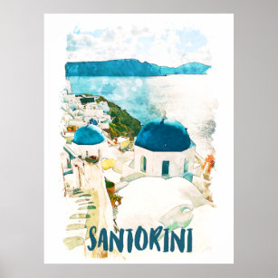 Poster de l'aquarelle de voyage de Santorini Grèce