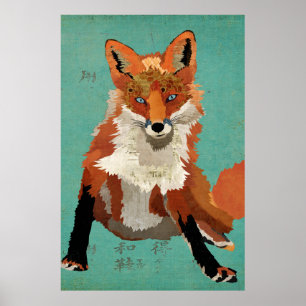 Poster de l'Art Bleu Retro Amber Fox