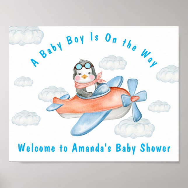 Poster de l'avion Baby shower bleu Penguin (Devant)