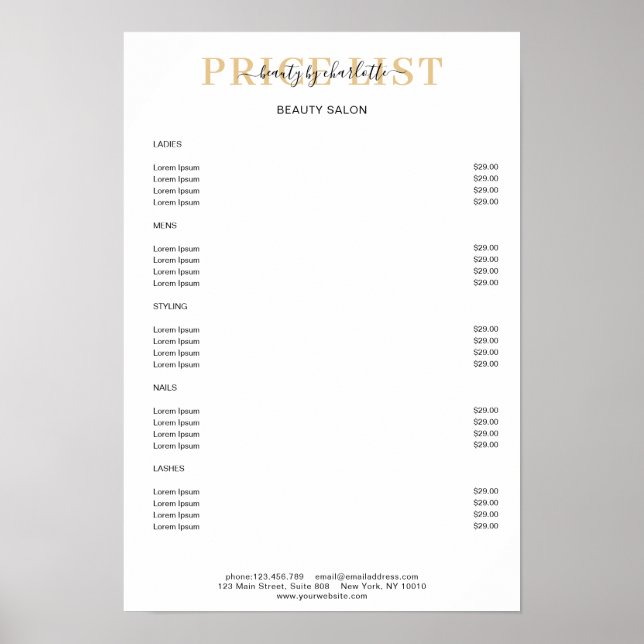 Poster de liste de prix blanc moderne (Devant)