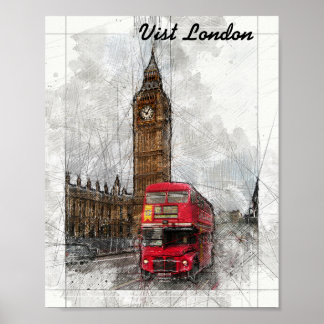 Poster de Londres Big ben et de bus rouge