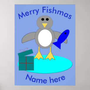 Poster de manchot de pêche Joyeux Noël