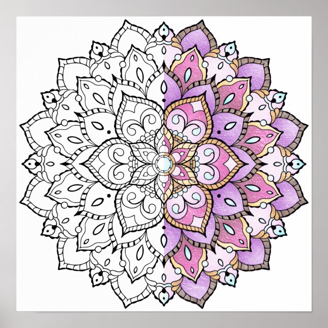 Poster de Mandala pour les adultes (Partially colored Adult Coloring Mandala Poster sample)
