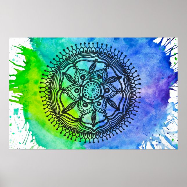 Poster de mandala sur l'aquarelle Splatter. (Devant)