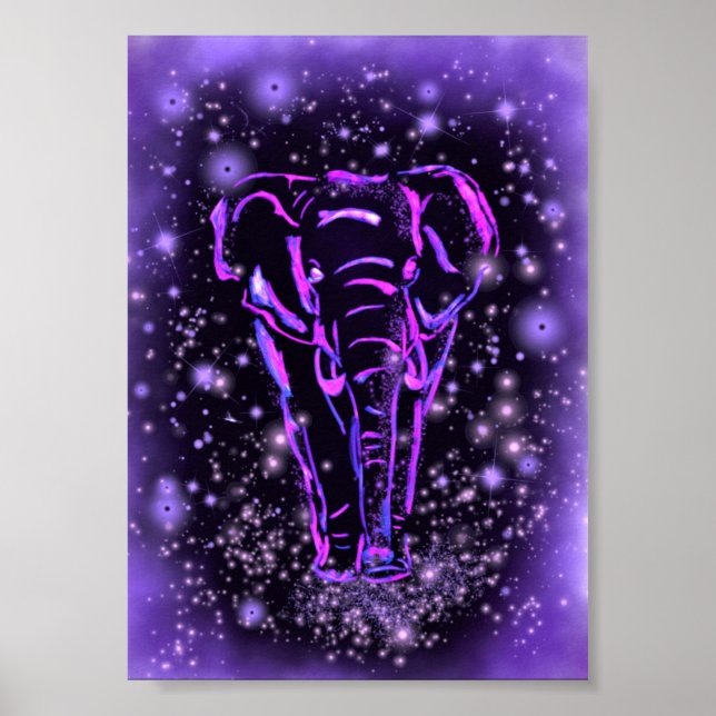Poster de marche éléphant violet rose étoile nuit (Devant)