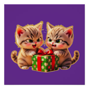 Poster **De mignons chatons se disputant un cadeau – Drôl