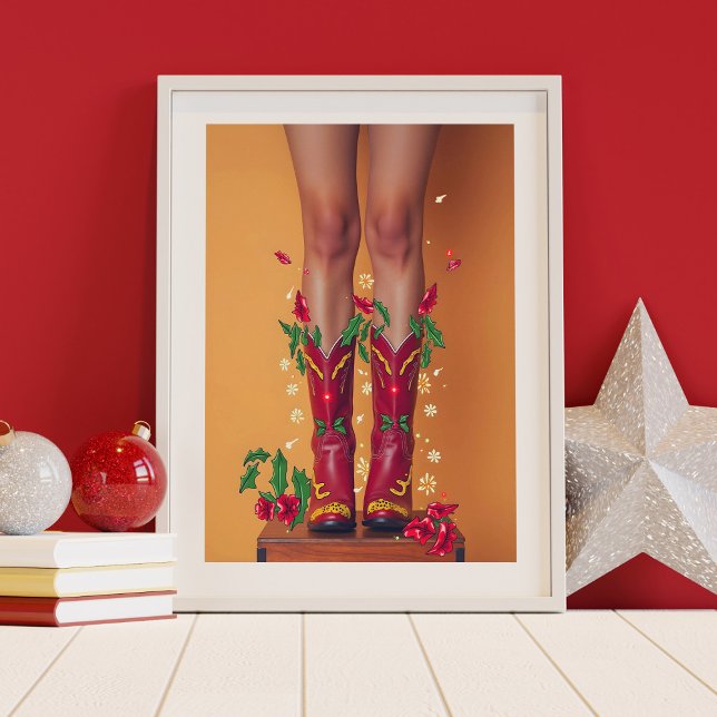 Poster de Noël Cowboy Boots Art mur (Christmas cowboy boots wall art poster design.  Multiple sizes available.)