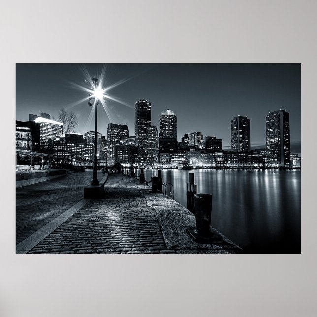 Poster de nuit de Boston Harbour B&W (Devant)