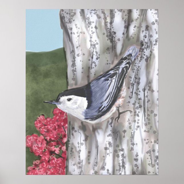 Poster de Nuthatch à poitrine blanche et de Fleurs (Devant)