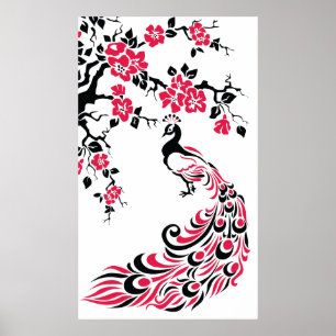 Poster de paon rouge noir et fleurs de cerisiers