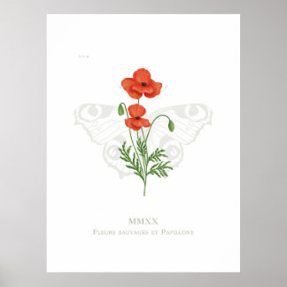 Poster de papillon de coquelicot et paon