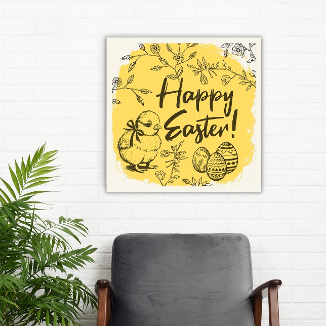 Poster de Pâques Jaune Décor de la maison de print (Floral Line Art Yellow Chick Eggs Happy Easter Poster)