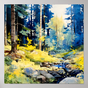 Poster de peinture de la forêt jaune bleu