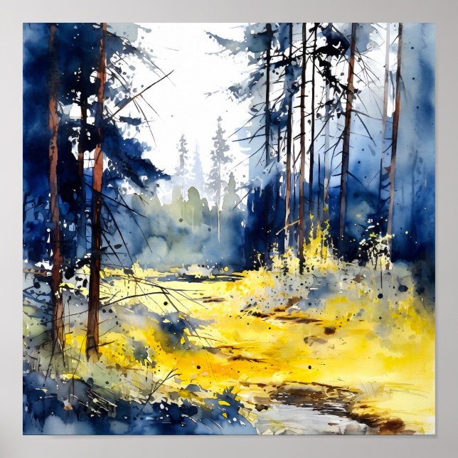 Poster de peinture de la forêt jaune bleu (Devant)