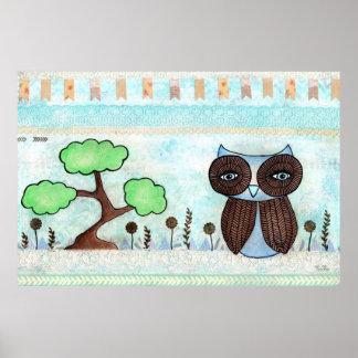 Poster de peinture mixte de la Chouette bleue et d