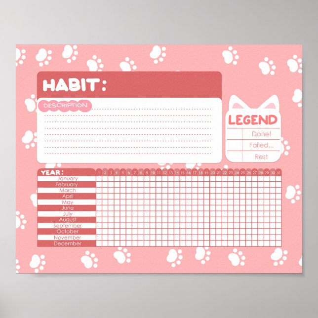 Poster de Pink Cat Empreinte de patte Habit Tracke (Devant)