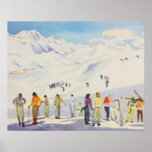 poster de ski vintage, skieurs sur la montagne