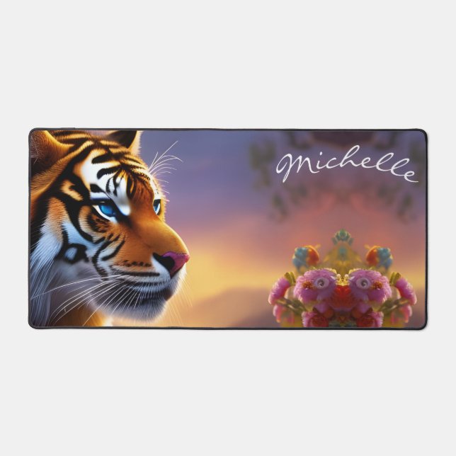 Poster de tigre bleu et de fleurs roses (Recto)