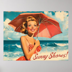 Poster de vacances vintage Beach : Blonde Pin Up