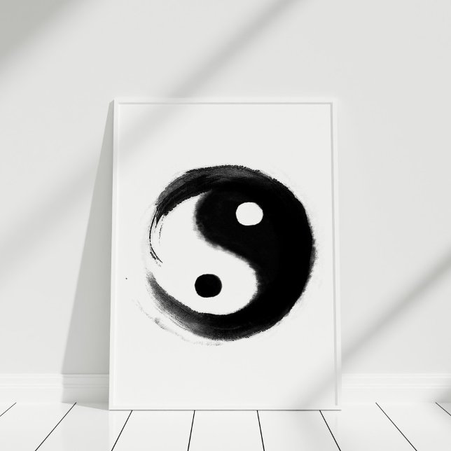 Poster de Yin Yang peint à la main en noir et blan (Black and White Handpainted Yin Yang Poster in white frame)