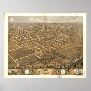 Poster Décatur Illinois 1869 Carte panoramique antique