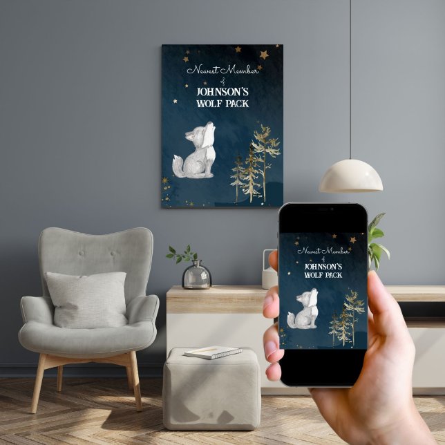 Poster Décor de petite pépinière à thème loup (Little wolf themed baby nursery decor personalized poster with a cute howling wolf cub starry night)