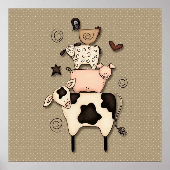 Poster Décor primitif de la vache, du mouton, du cochon e (Devant)