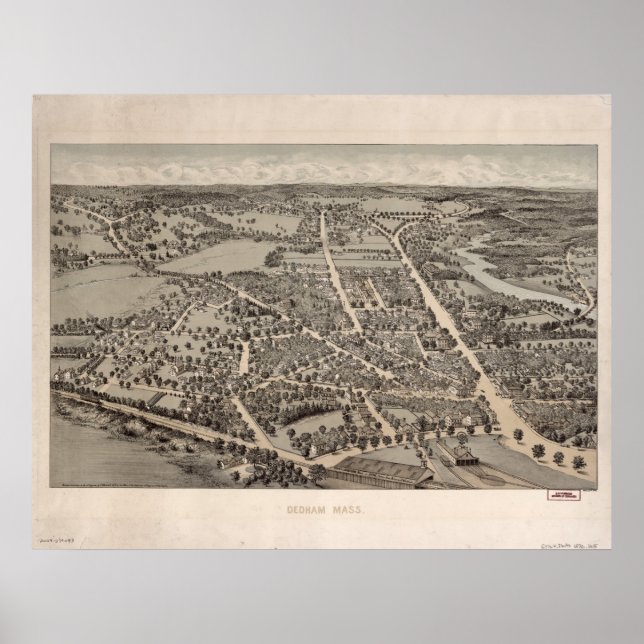 Poster Dedham Massachusetts 1876 Carte panoramique antiqu (Devant)