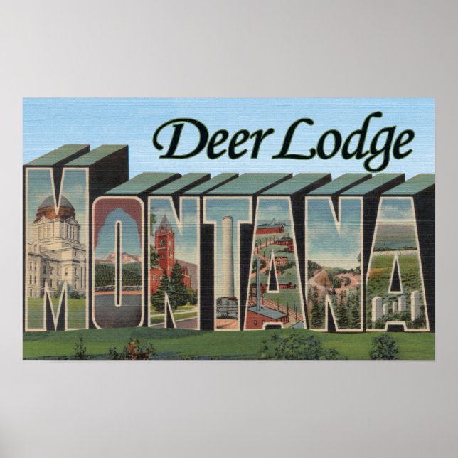 Poster Deer Lodge, Montana - Large Letter Scenes (Devant)