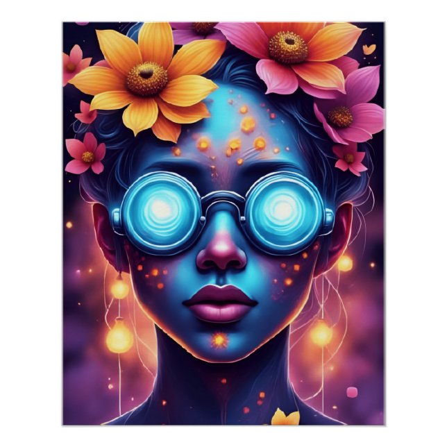 Poster Déesse Fleur Neon - Portrait Imaginaire Futuriste (Devant)