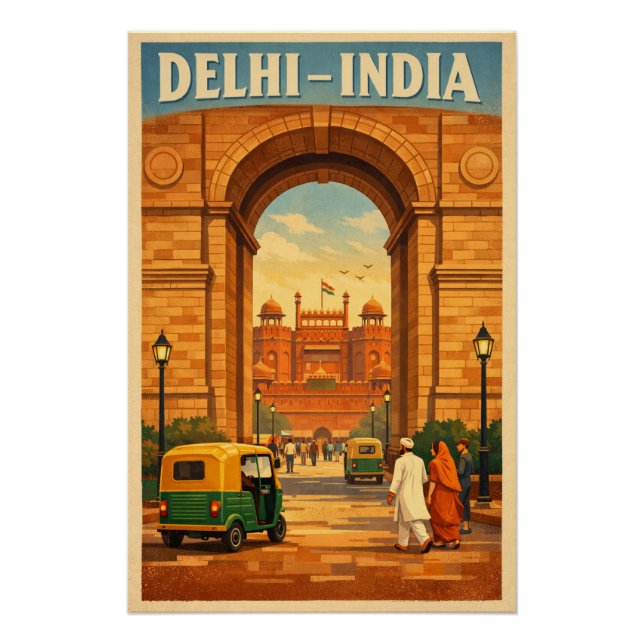 Poster Delhi, Inde, dans un classique voyage rétro (Devant)