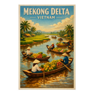 Poster Delta du Mékong, Vietnam, dans un style rétro clas