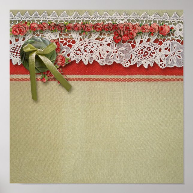 Poster Dentelle Rose Antique Rouge Rustique Burlap Victor (Devant)