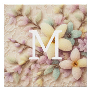 Poster Dentelles monogrammes rose et jaune Fleurs de prin