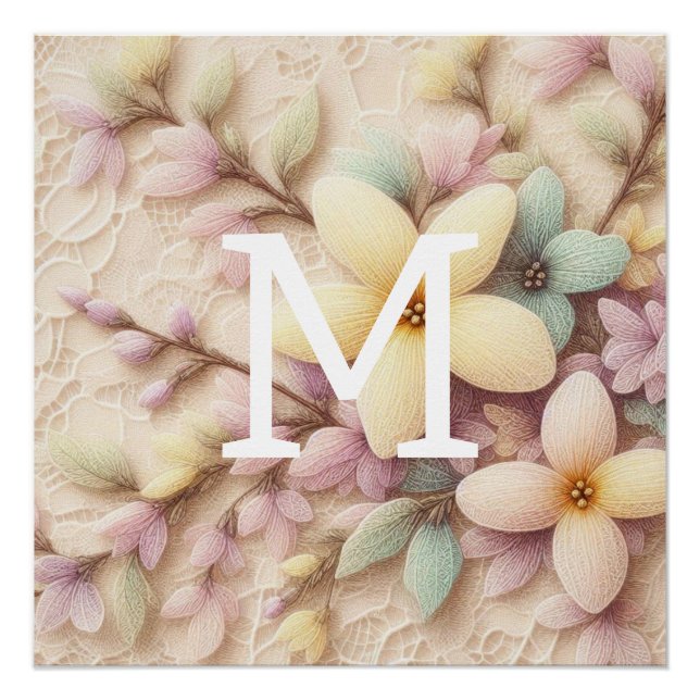 Poster Dentelles monogrammes rose et jaune Fleurs de prin (Devant)
