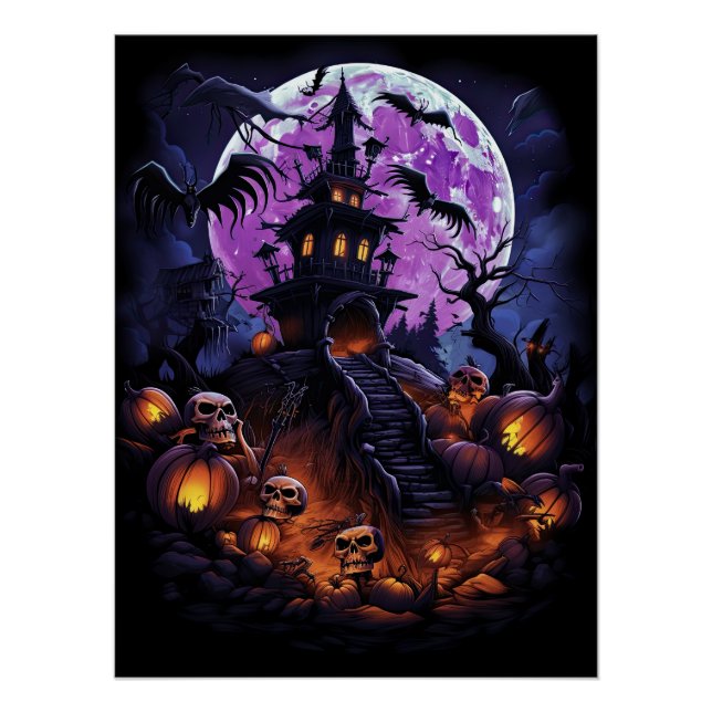 Poster Déplaisant Haunted House Purple Halloween Party (Devant)