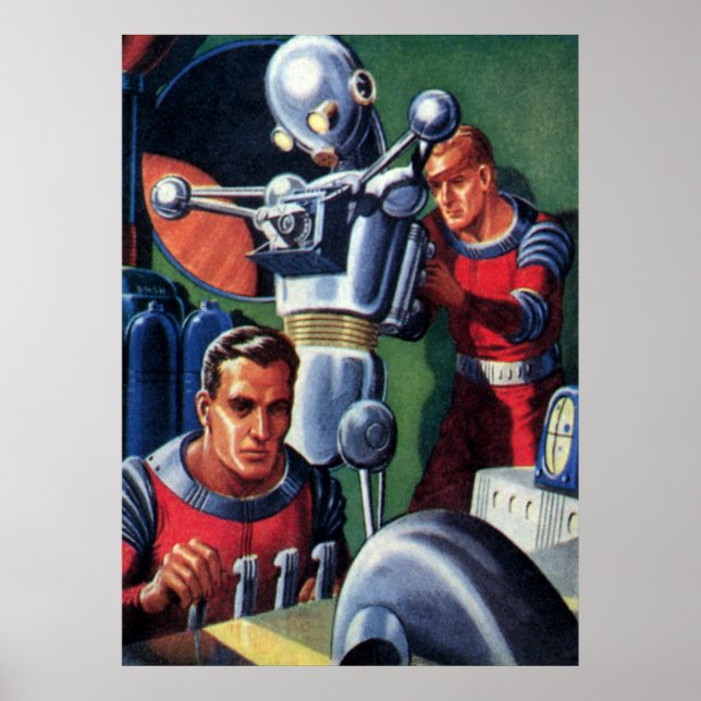 Poster Des astronautes de science-fiction vintages répare (Devant)