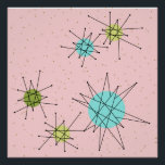 Poster des étoiles atomiques rose<br><div class="desc">Ce motif d'affiche à étoiles atomique rose et emblématique présente des étoiles atomiques emblématiques. C'est vrai ! L'ancienne école, l'arrière - plan de couleur rose Première dame avec des taches d'or est la toile de fond parfaite pour le céleri turquoise, apaisant et kitsch cercles de couleur vert poire. Les taches...</div>