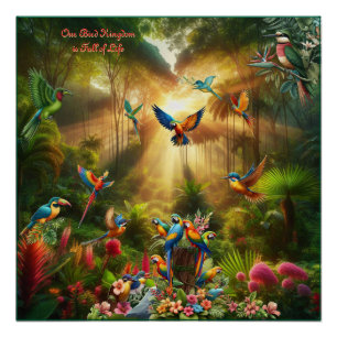 Poster Des oiseaux tropicaux colorés parmi des plans écla