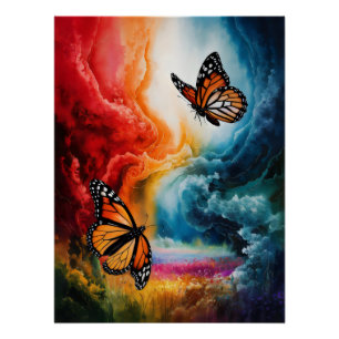 Poster Des papillons dans une tempête colorée.