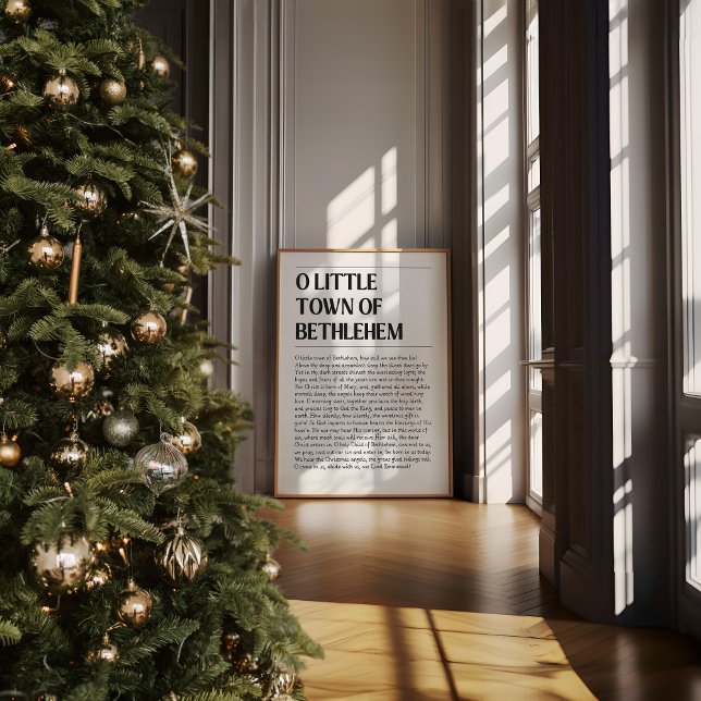 Poster des paroles de Noël de O Little Town (Minimalist O little town lyrics in a neutral modern room with wooden furniture and soft light.)