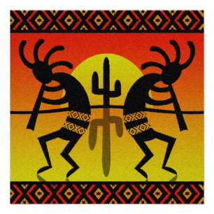 Poster Desert Sun Cactus Kokopelli Design Sud-ouest