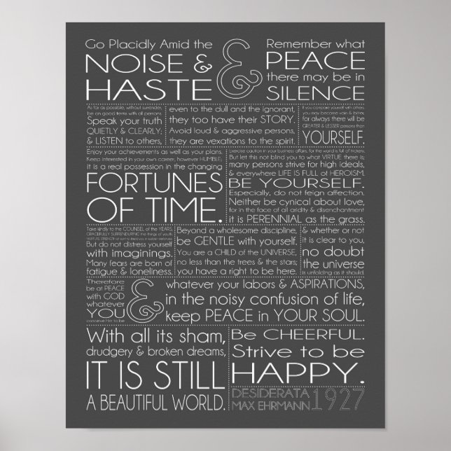 Poster Desiderata 11x14 Texte blanc sur gris (Devant)