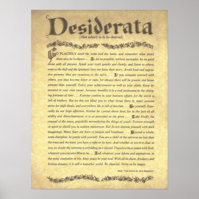 Poster DESIDERATA Poem=Max Ehrmann=Collection Parchment (Devant)