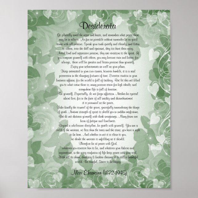 Poster Desiderata" prose vert floral (Devant)