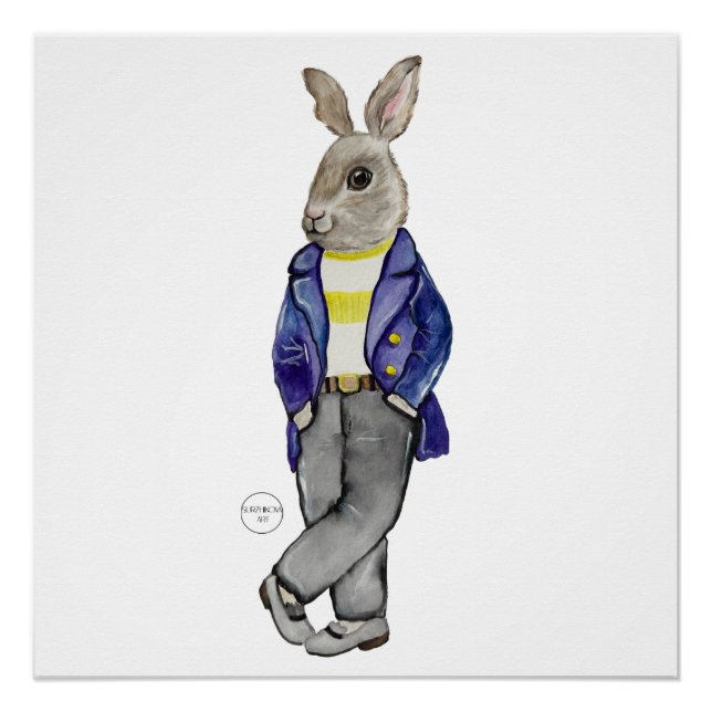 Poster Dessin à la main élégant de lapin aquarelle (Devant)